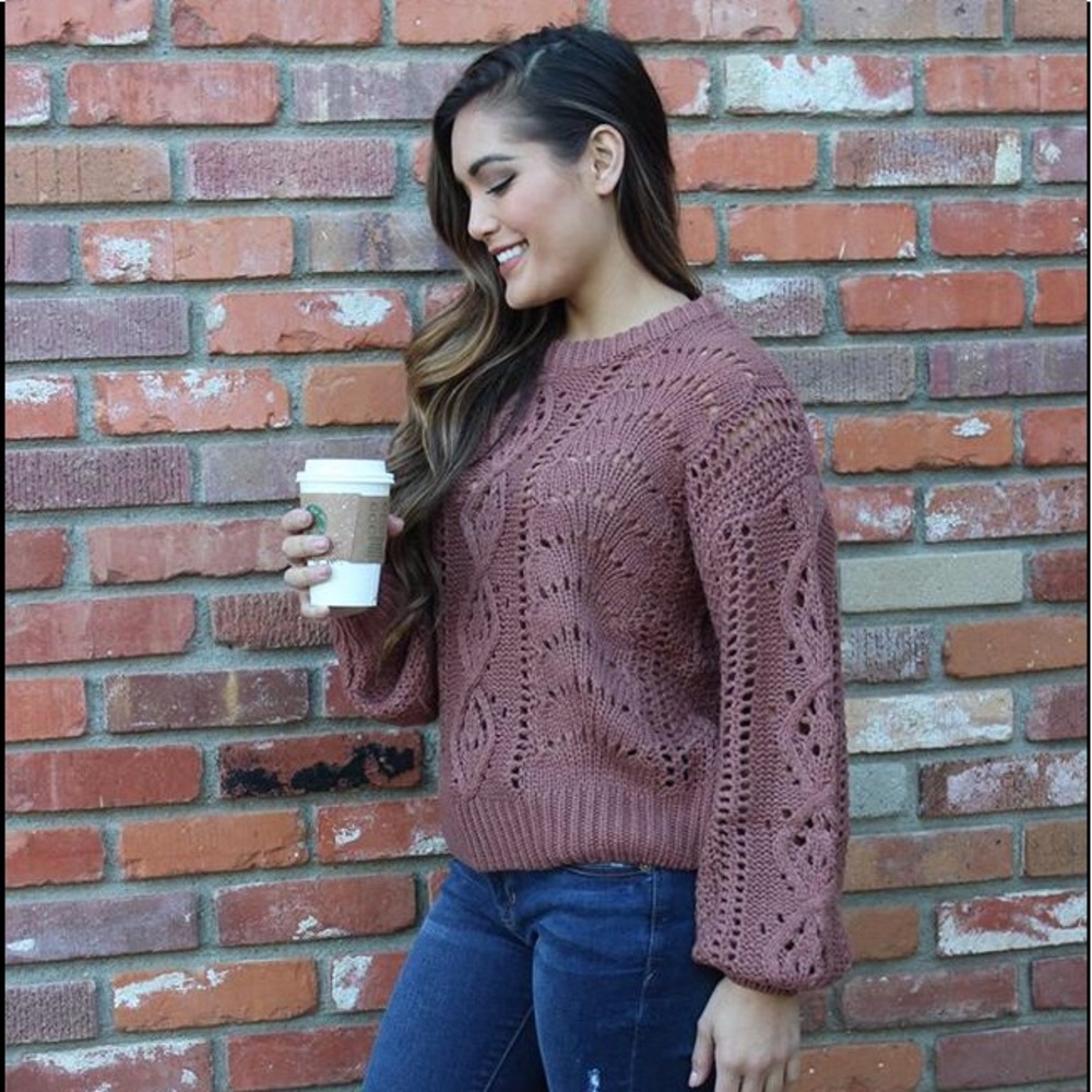 Mauve Bubble Sleeve Cable Knit Sweater